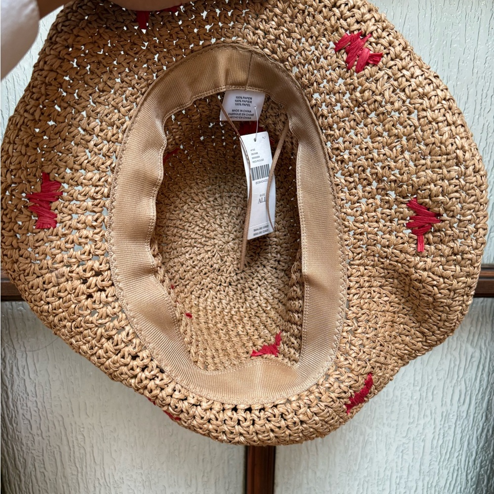 Anthropologie Brown Straw Hat with Red Hearts Embroidery - Picture 2 of 5